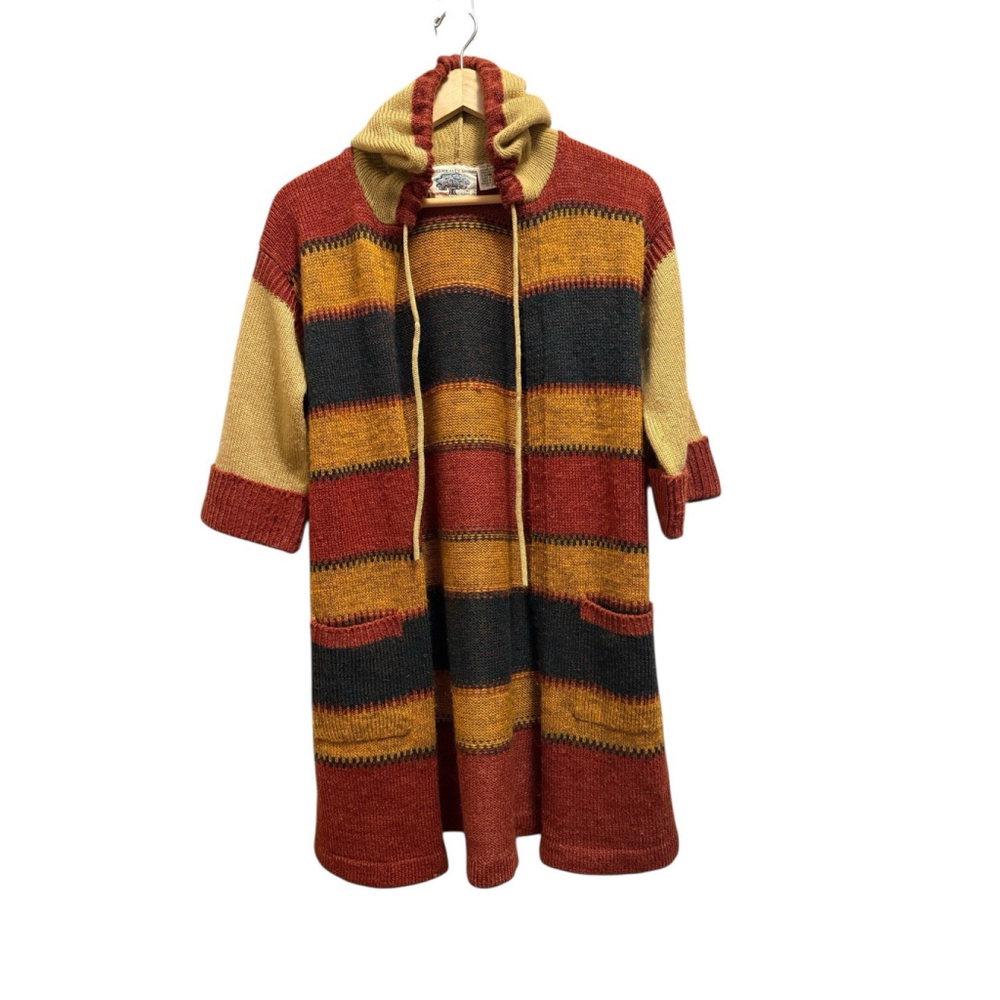 Vintage 70s Arpeja Organically‎ Grown Hooded Knit Sweater Coat Boho Hippie Large